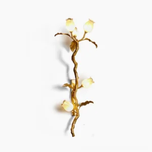 Tulip Branch Brass Wall Sconce front studio view showing hand-cast brass stem with five frosted glass tulip shades in polished brass finish