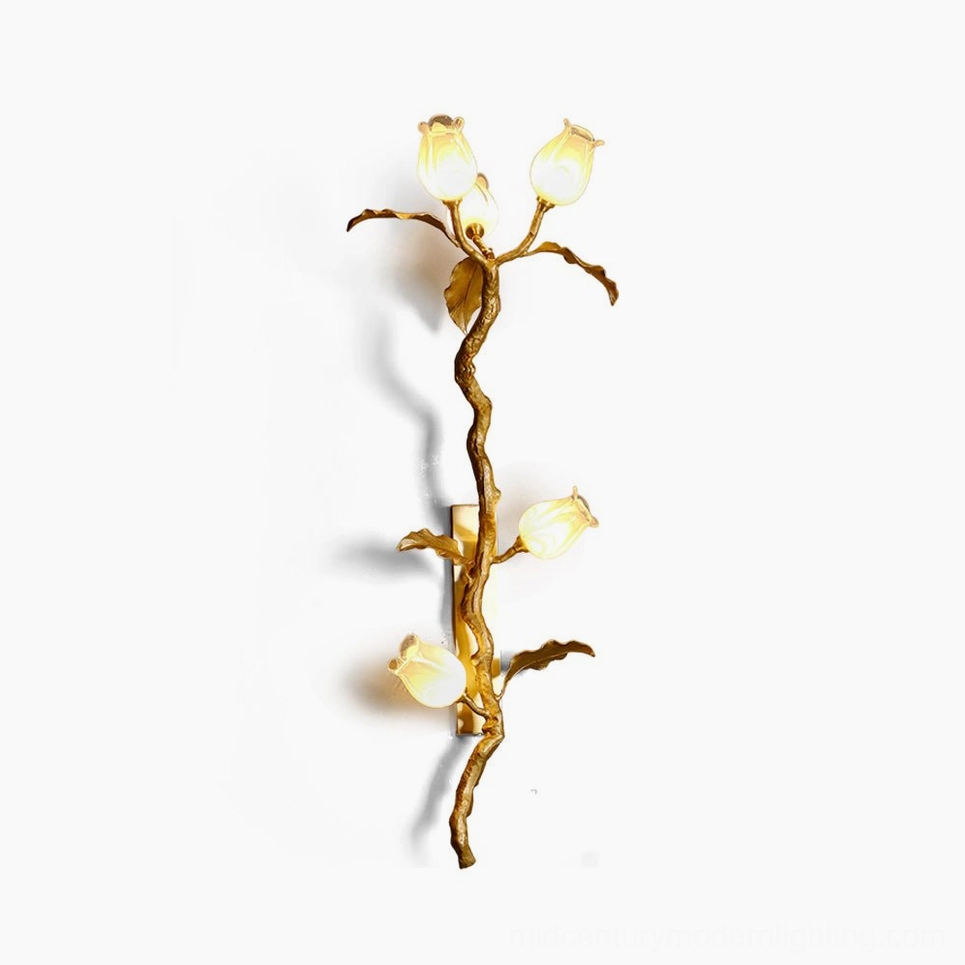 Tulip Branch Brass Wall Sconce front studio view showing hand-cast brass stem with five frosted glass tulip shades in polished brass finish