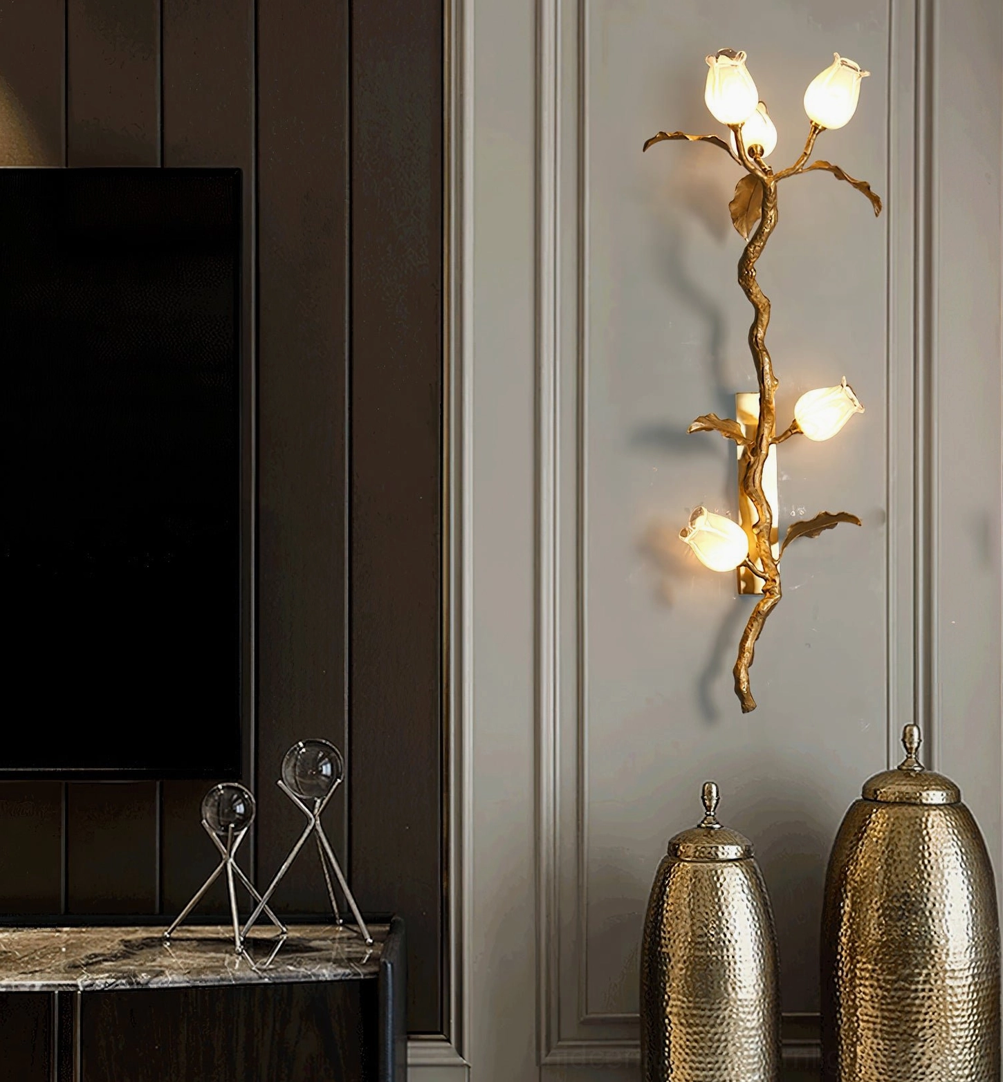 Tulip Branch Brass Wall Sconce full architectural view showing 47.2 inch height with natural branch silhouette and botanical form