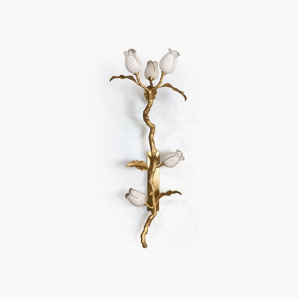 Tulip Branch Brass Wall Sconce hand-cast brass botanical fixture with five glass tulip shade elements against white backdrop