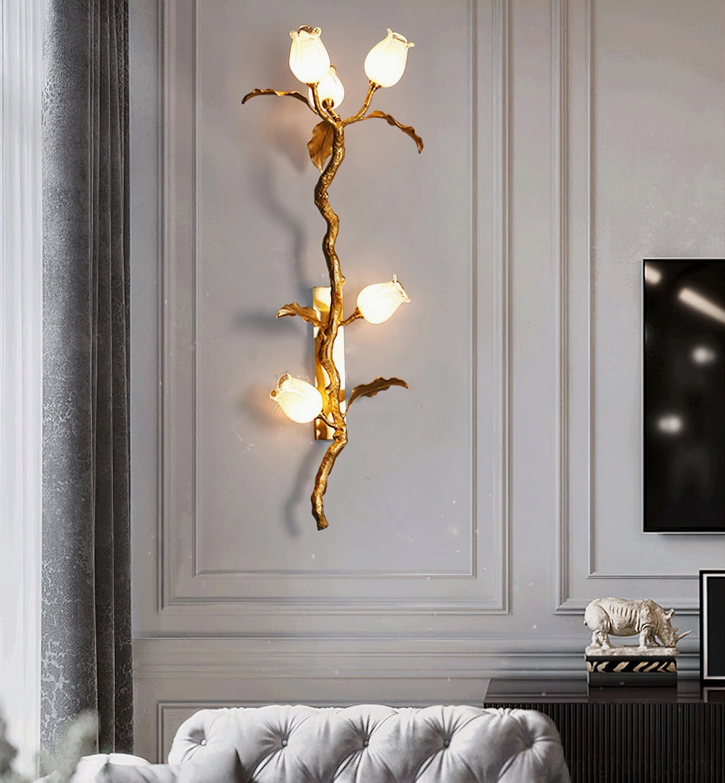 Tulip Branch Brass Wall Sconce in luxury living room beside tufted sofa with neoclassical paneled walls and elegant decor
