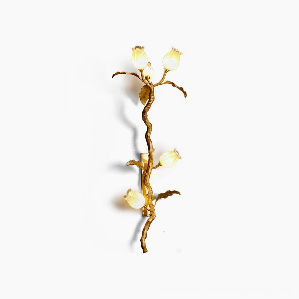 Tulip Branch Brass Wall Sconce studio product shot showing polished brass finish and frosted glass tulip configuration