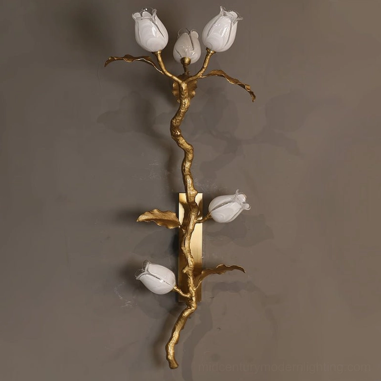 Tulip Branch Brass Wall Sconce unlit front view showing matte white frosted glass tulip shades and polished brass botanical frame