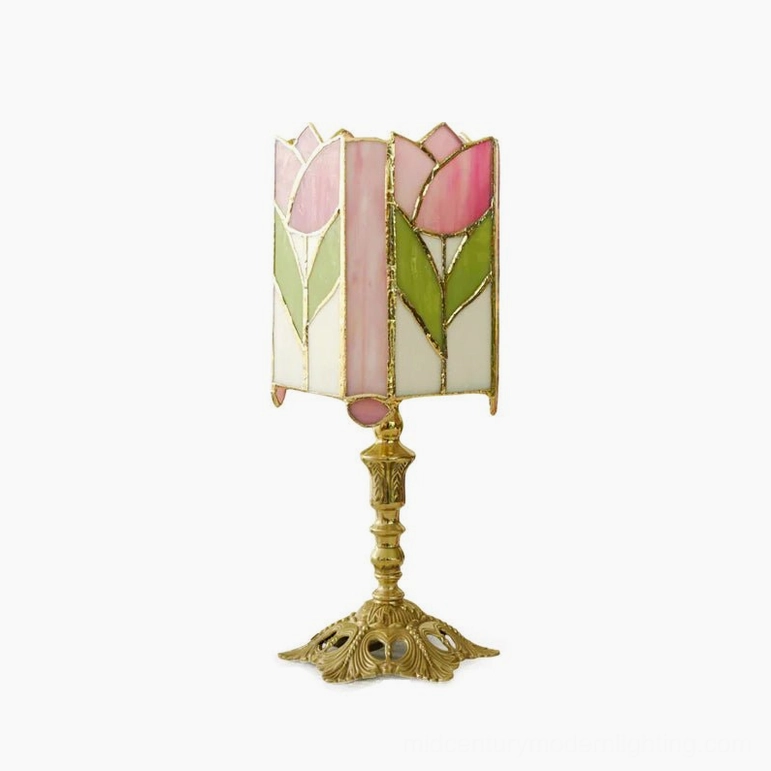 Tulip Tiffany table lamp complete product view with pink tulip stained glass shade and detailed brass base
