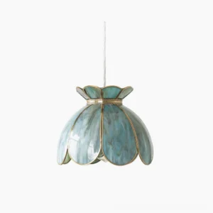 Turrella botanical glass pendant light with blue-tinted petal shade and brass hardware on white background
