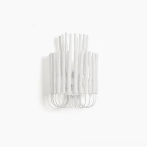 Twiggy white wall sconce with sculptural vertical twig-like metal rods, front view studio shot