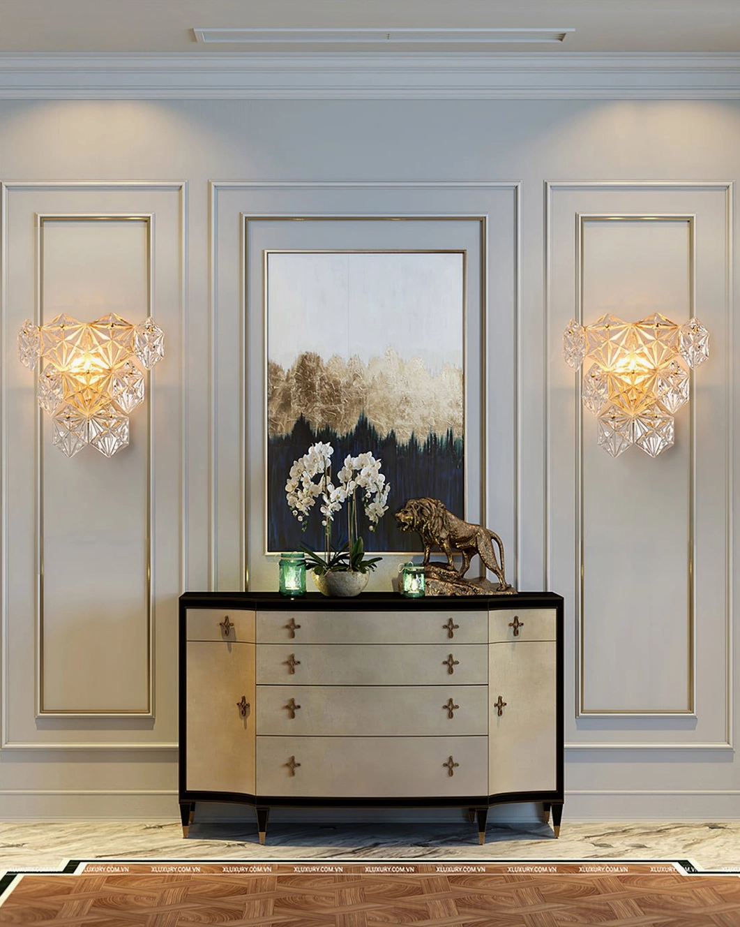 Twin faceted crystal wall sconces creating symmetrical luxury lighting in formal living room