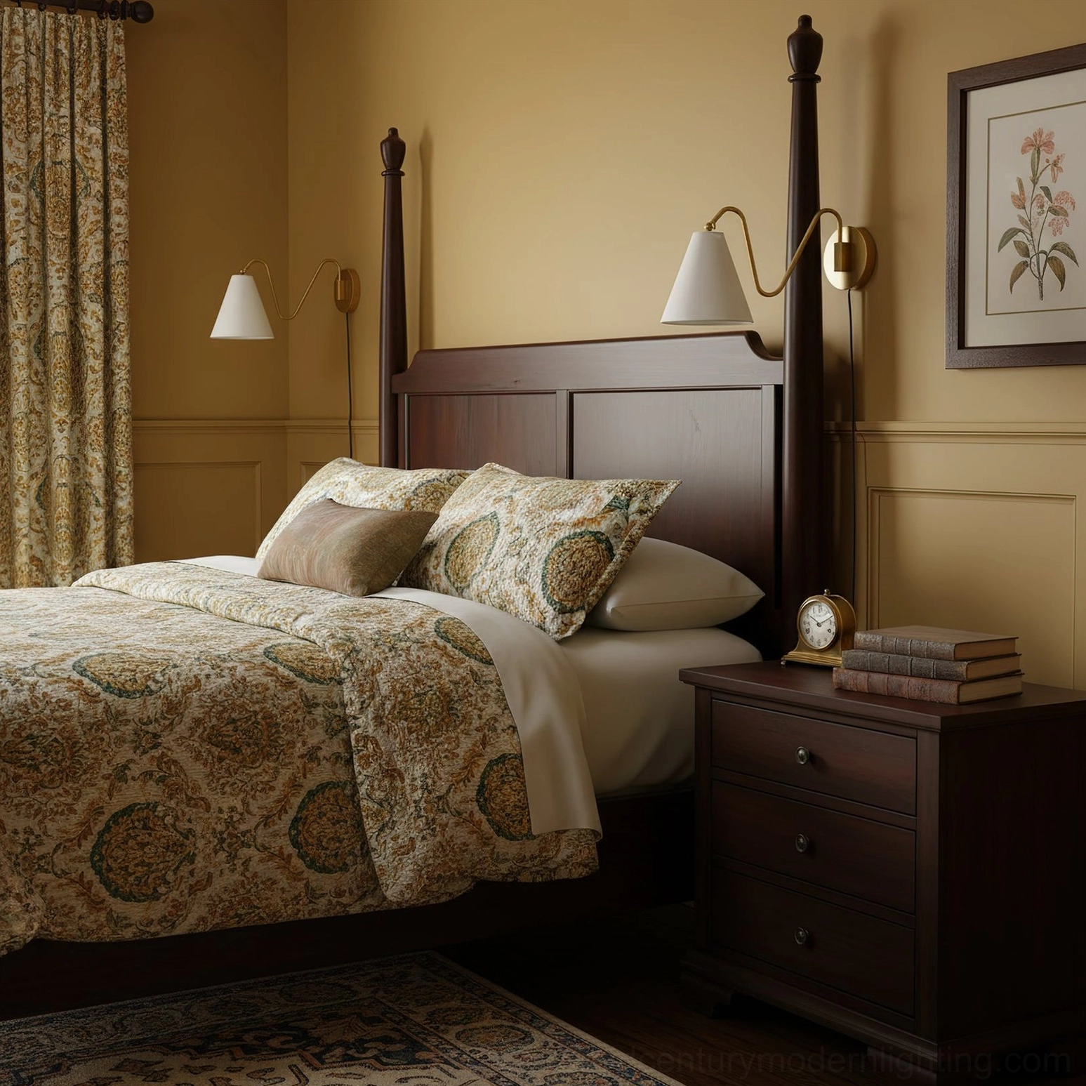 Dual head swing arm brass wall lamps in luxury bedroom neutral tones matching nightstands
