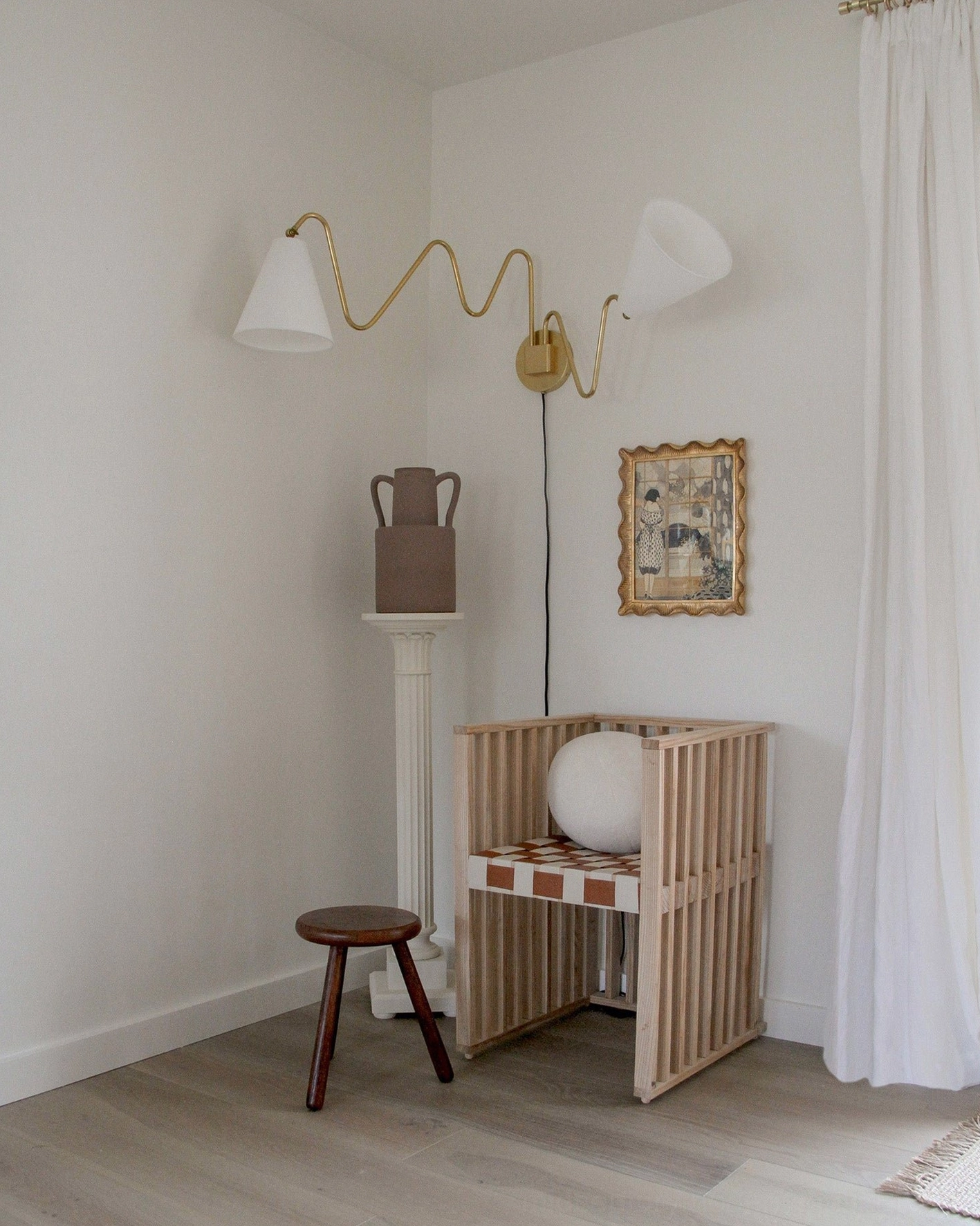 Dual head swing arm brass wall lamps entryway corner boho style two white fabric shades