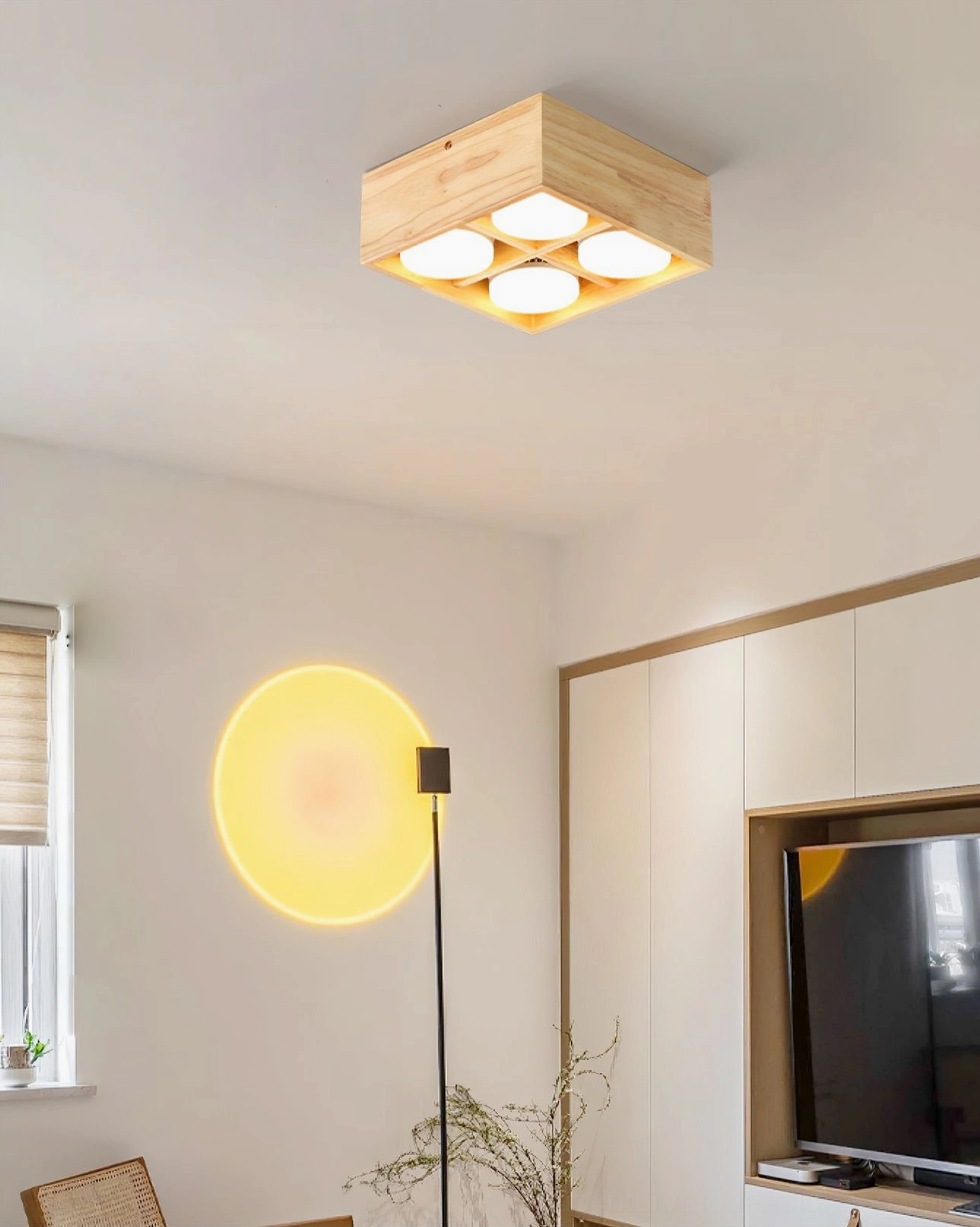 Dual-head rubber wood ceiling lamp mounted overhead, showcasing natural wood finish and geometric square form