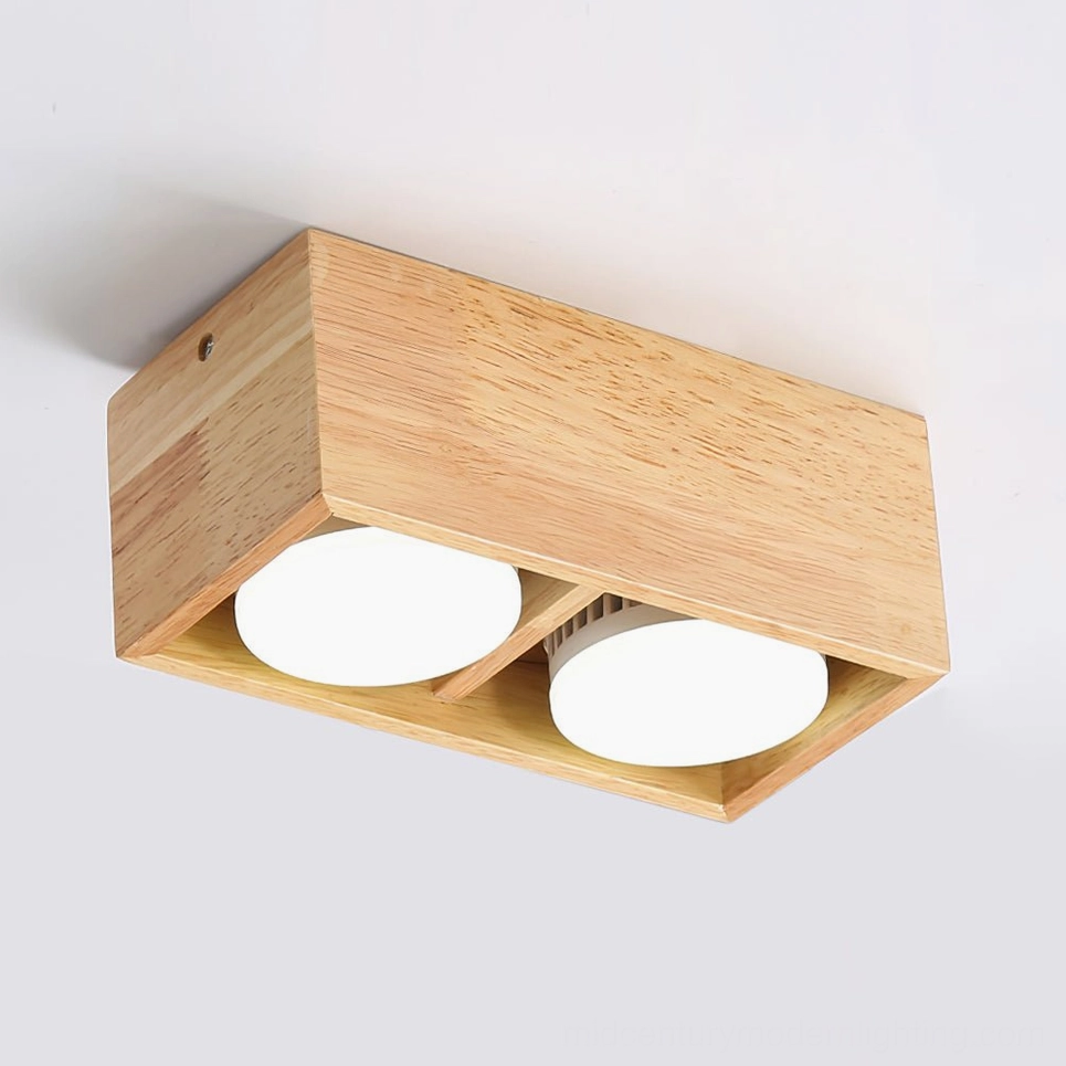 2-head modular rubber wood ceiling lamp showing natural wood grain and minimalist Scandinavian design philosophy