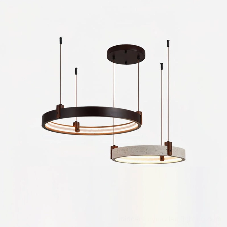 Two-head travertine ring chandelier with warm integrated LED creating soft ambient lighting in minimalist interior