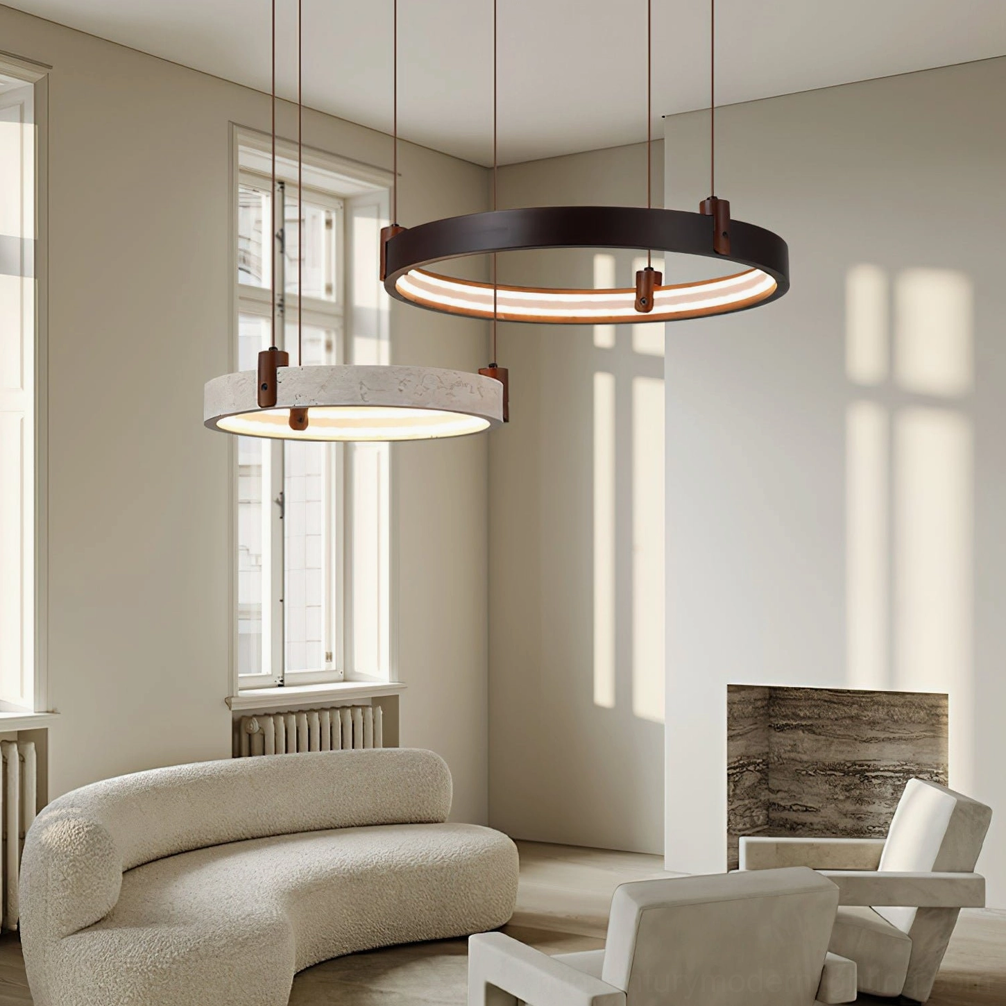 Two-head travertine pendant chandelier installed in contemporary living room setting with warm neutral decor, eye-level interior perspective