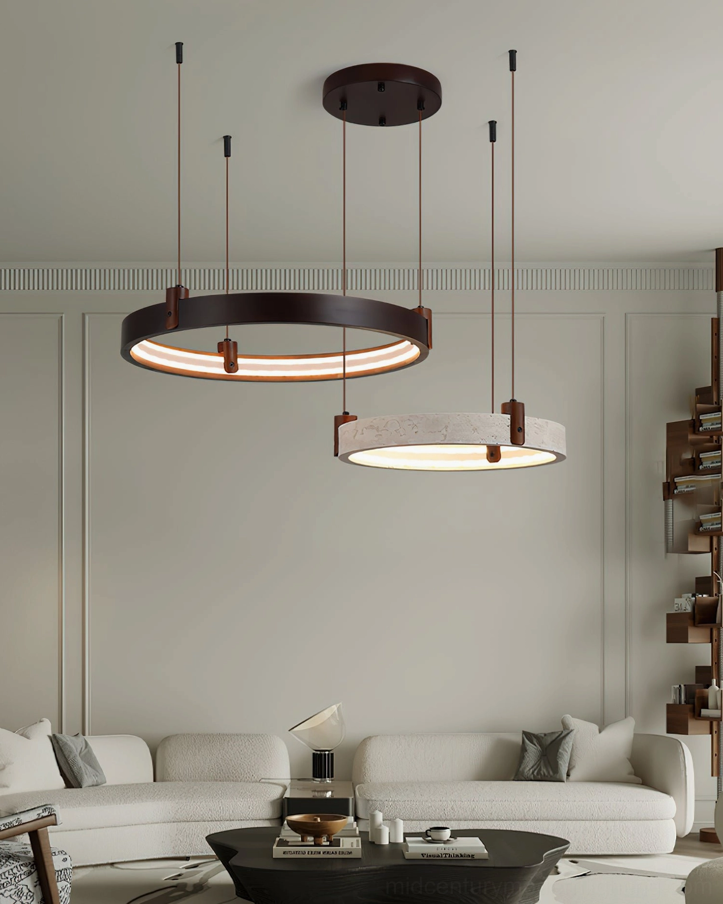 Two-head travertine pendant chandelier in modern neutral interior space, eye-level view emphasizing soft warm minimalist lighting aesthetic