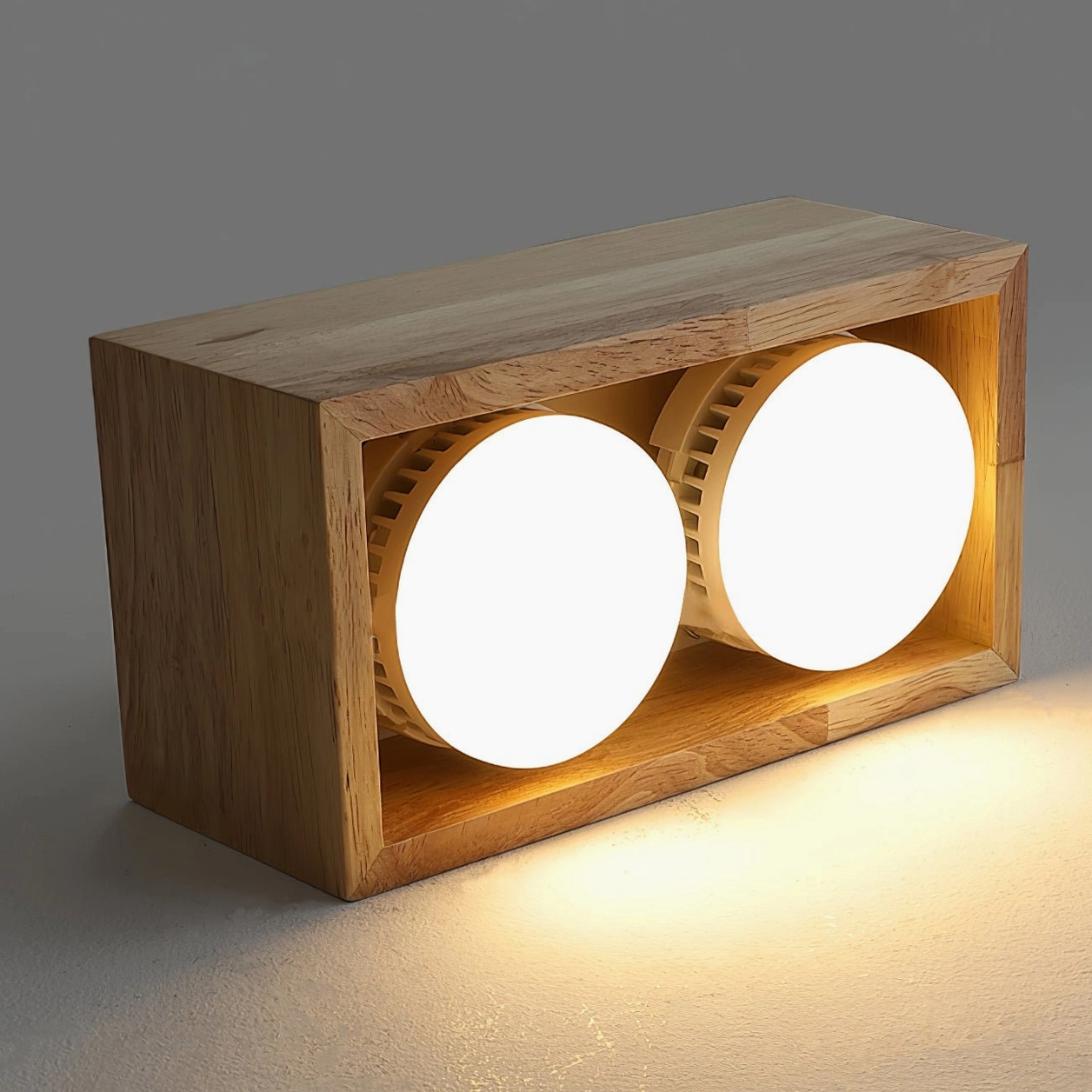 Dual-head solid wood flush mount ceiling light, side angle showcasing natural wood texture and rustic grain