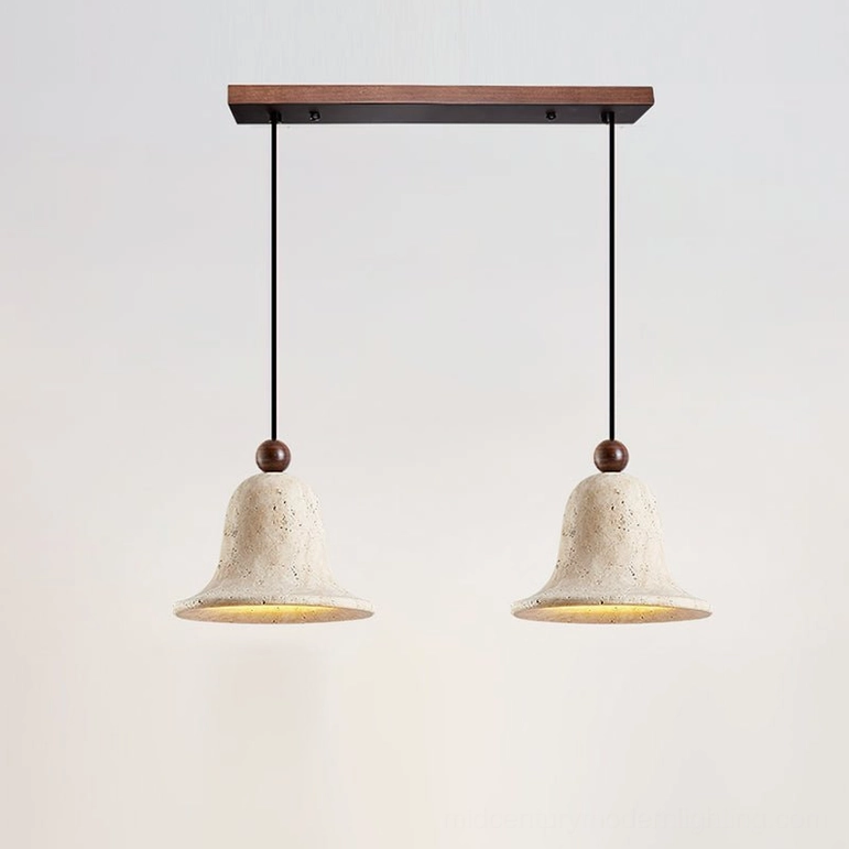 Two-light travertine bell pendant with black metal mount and matching stone fixtures