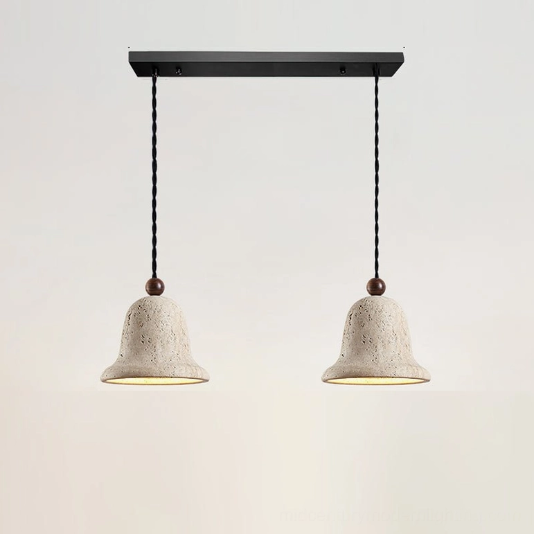 Two-light travertine bell pendant with wood grain ceiling support and warm-lit interiors