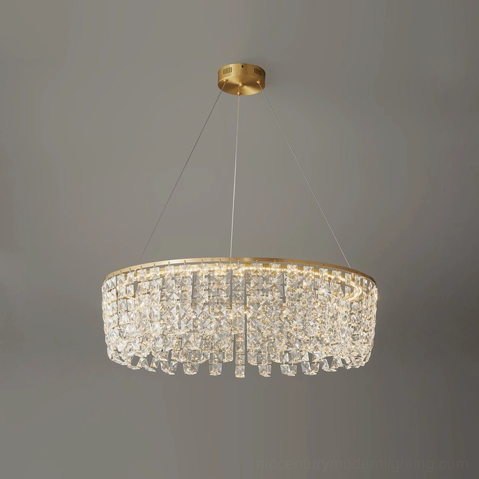 Two-tier brass chandelier dramatic scale comparison showing larger and smaller crystal rings