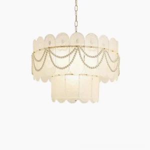 Two-tier scalloped glass chandelier with frosted white glass shades and pearl bead swags, front overhead view on white background