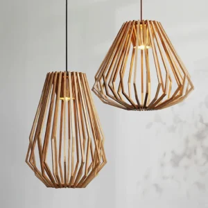 Pair of minimalist wood cage pendant lights showcasing tapered geometric design and natural wood grain