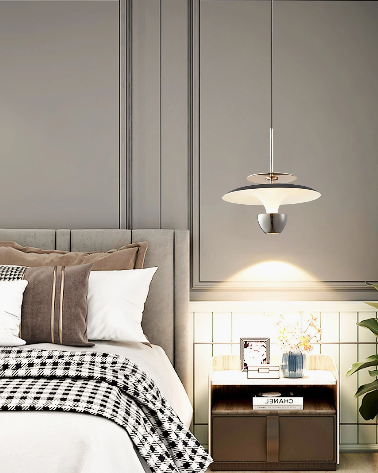 UFO pendant light mid-century modern dome ceiling installation detail