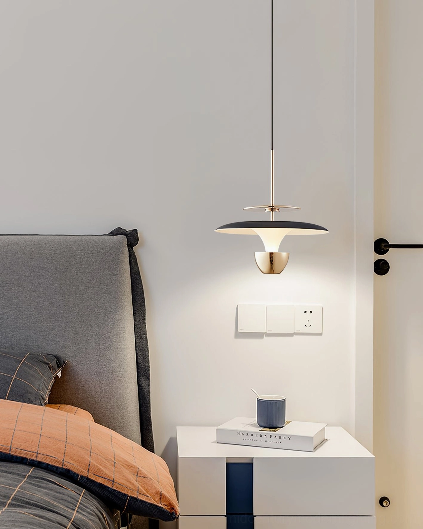 UFO pendant light cord suspension detail ceiling installation