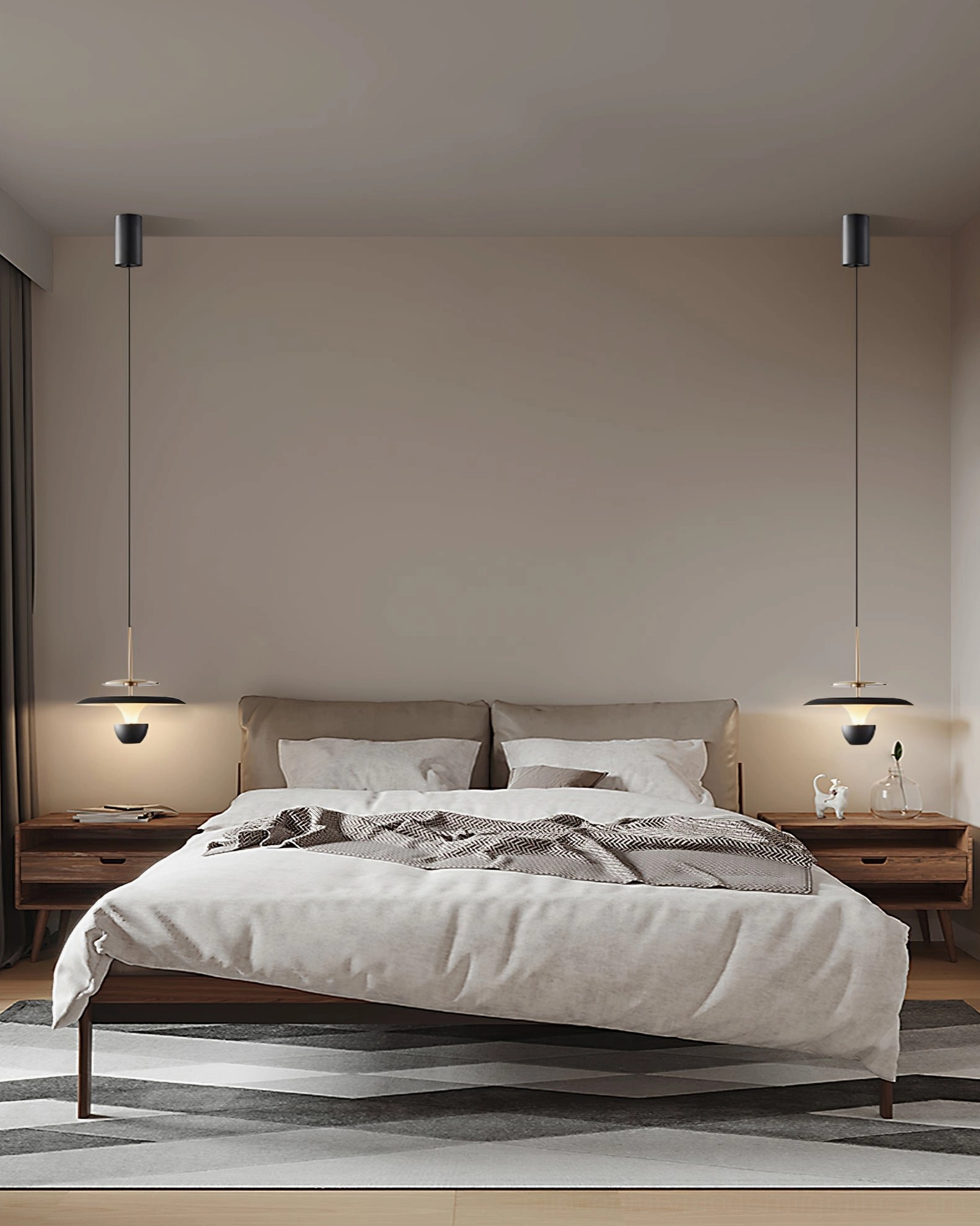 Dual UFO pendant lights matching pair bedroom symmetry