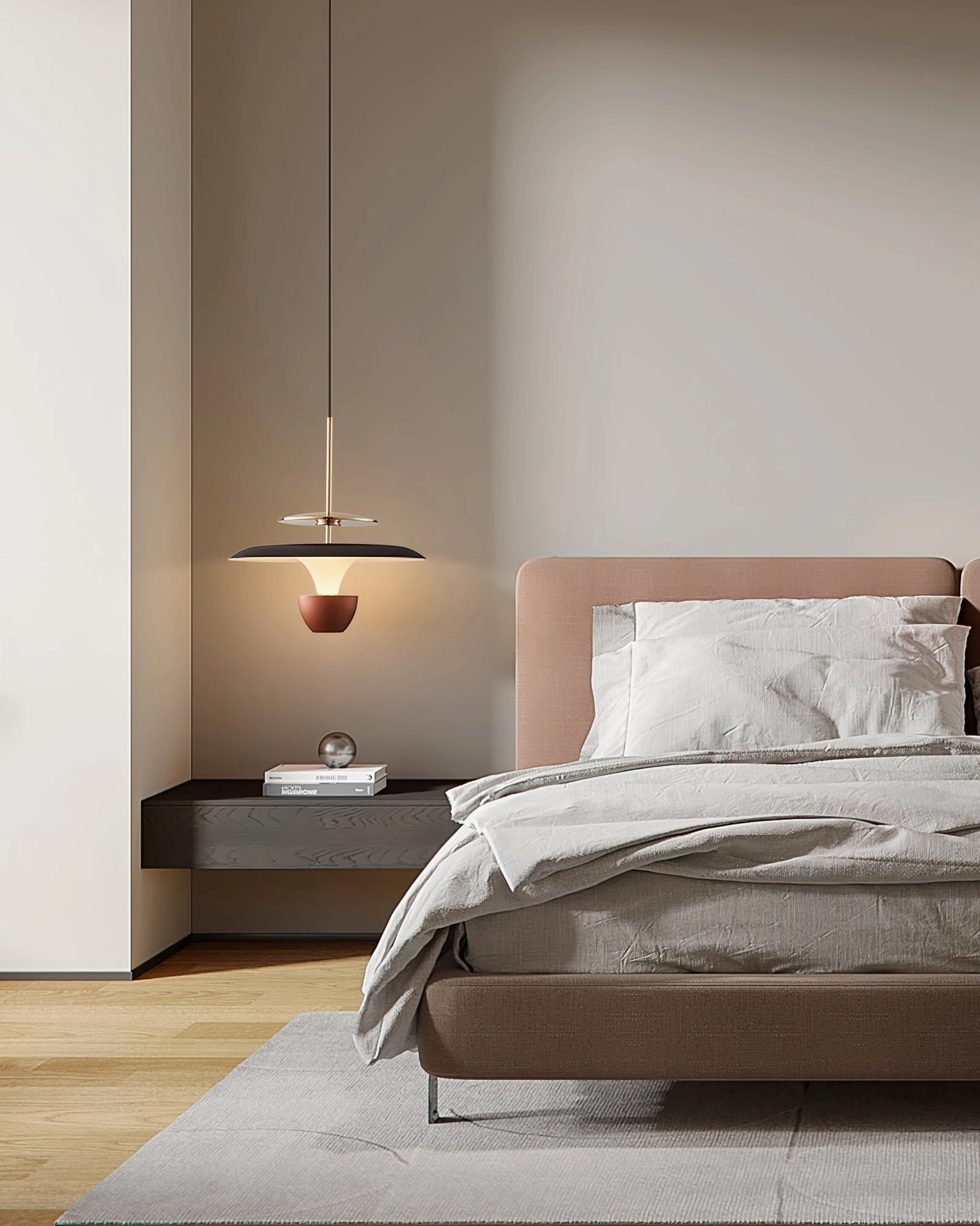 UFO pendant lamp warm reddish tone bedroom installation