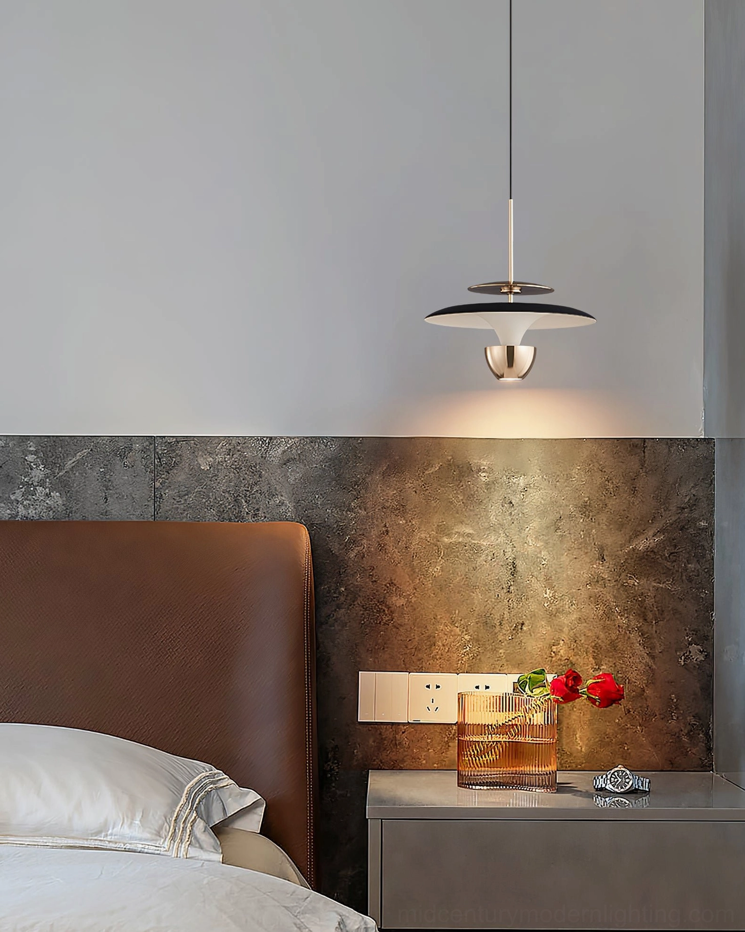 Silver UFO pendant light polished metal finish eye-level