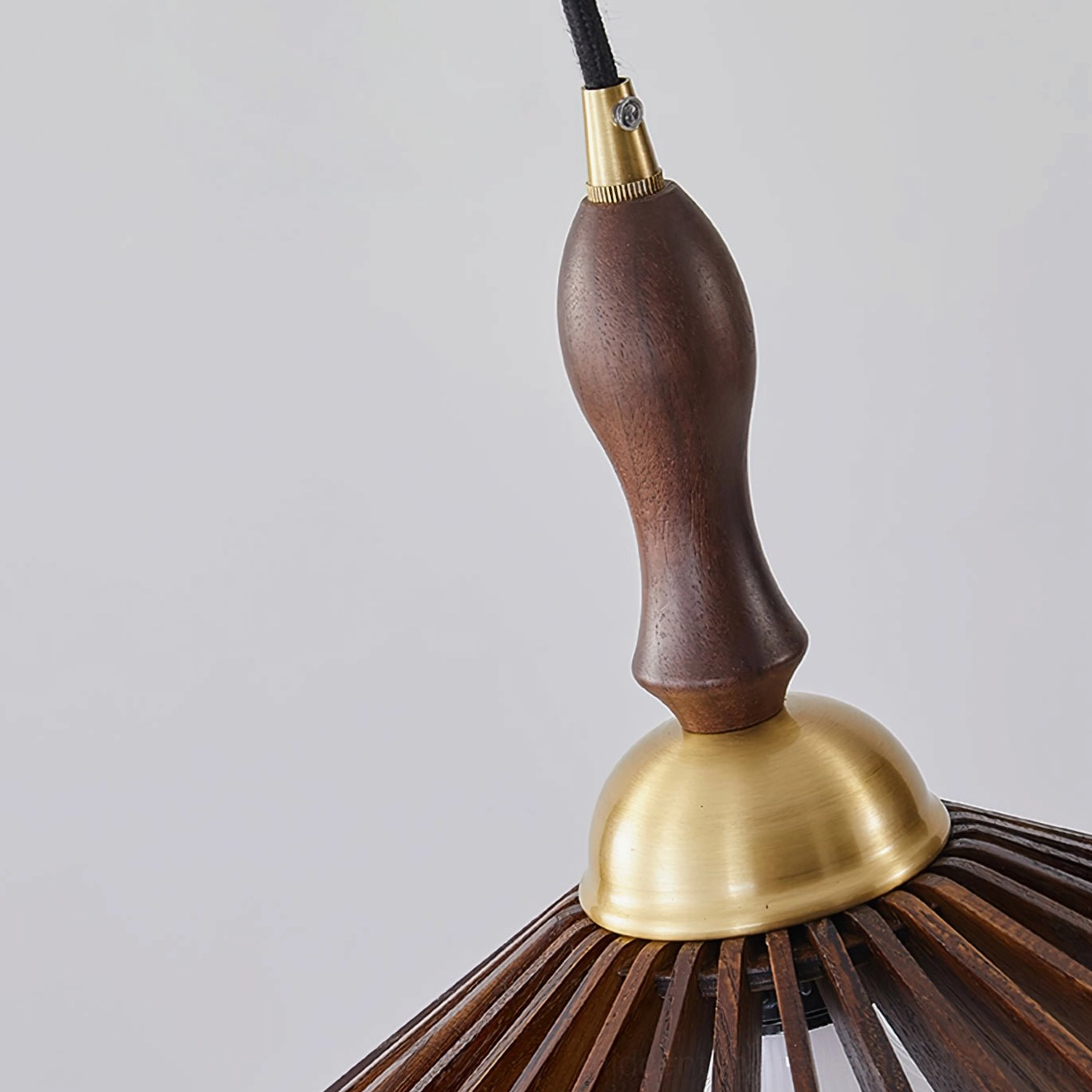Umbrella wood pendant lamp installation view showing 150cm wire and ceiling mounting hardware