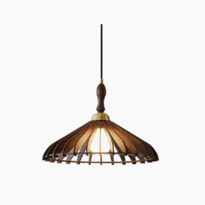 Umbrella wood pendant light with slatted shade and brass hardware, overhead studio view showing mid-century modern design