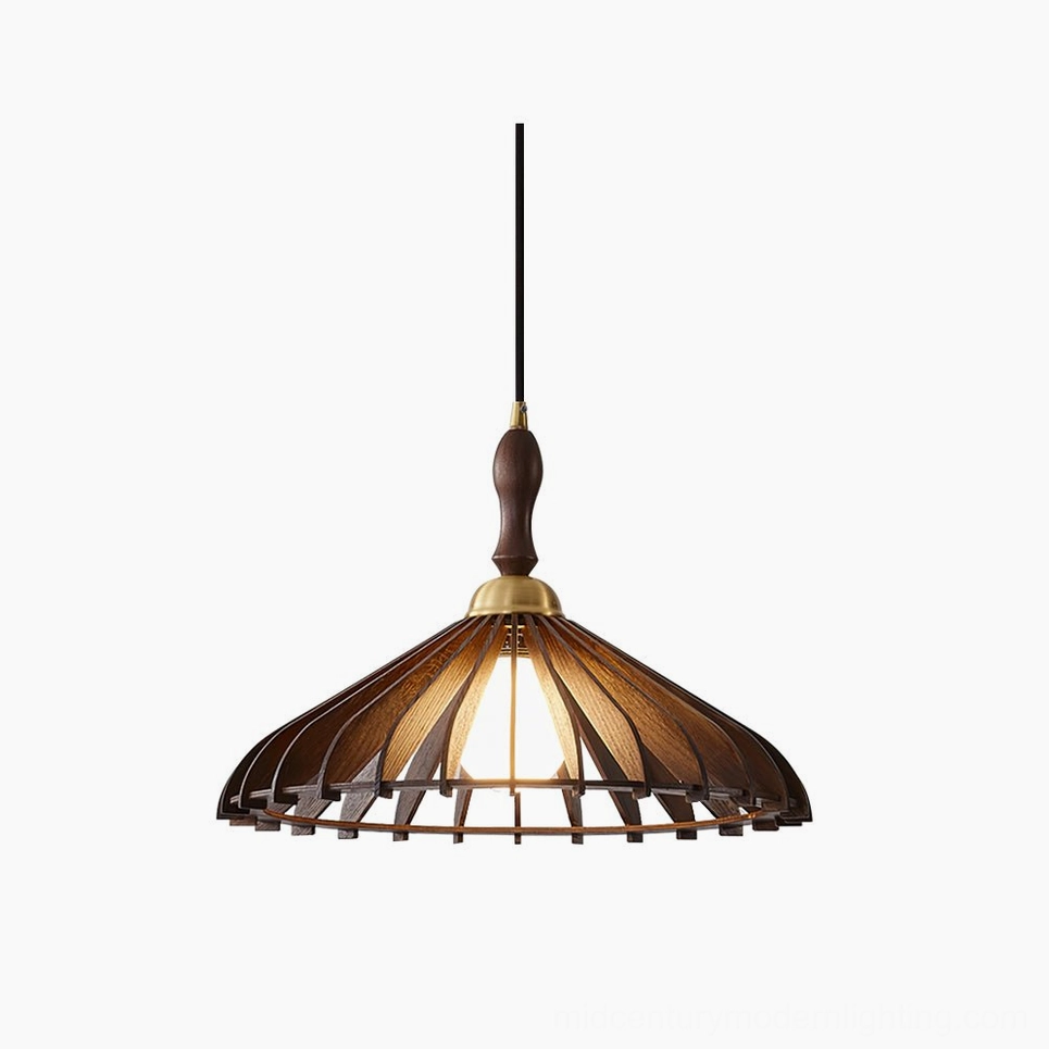 Umbrella wood pendant light with slatted shade and brass hardware, overhead studio view showing mid-century modern design