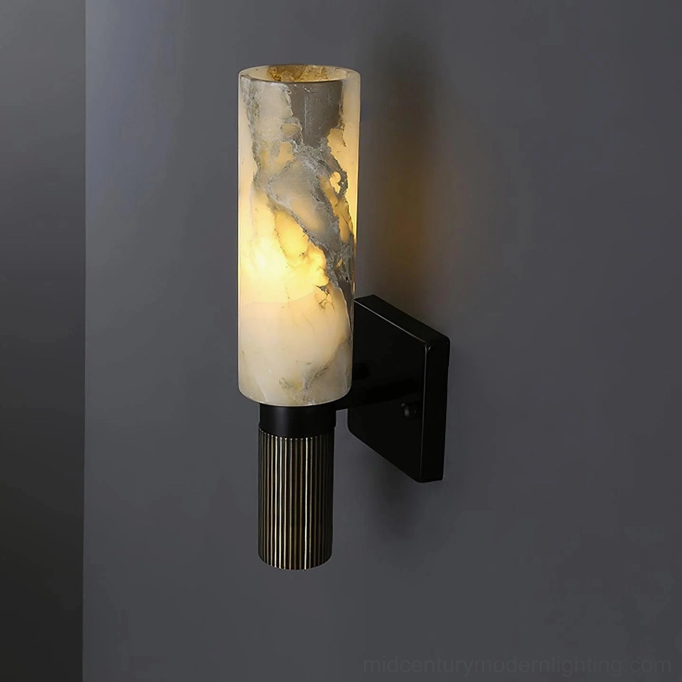 Unlit translucent alabaster shade with natural veining patterns, cylindrical form architectural element