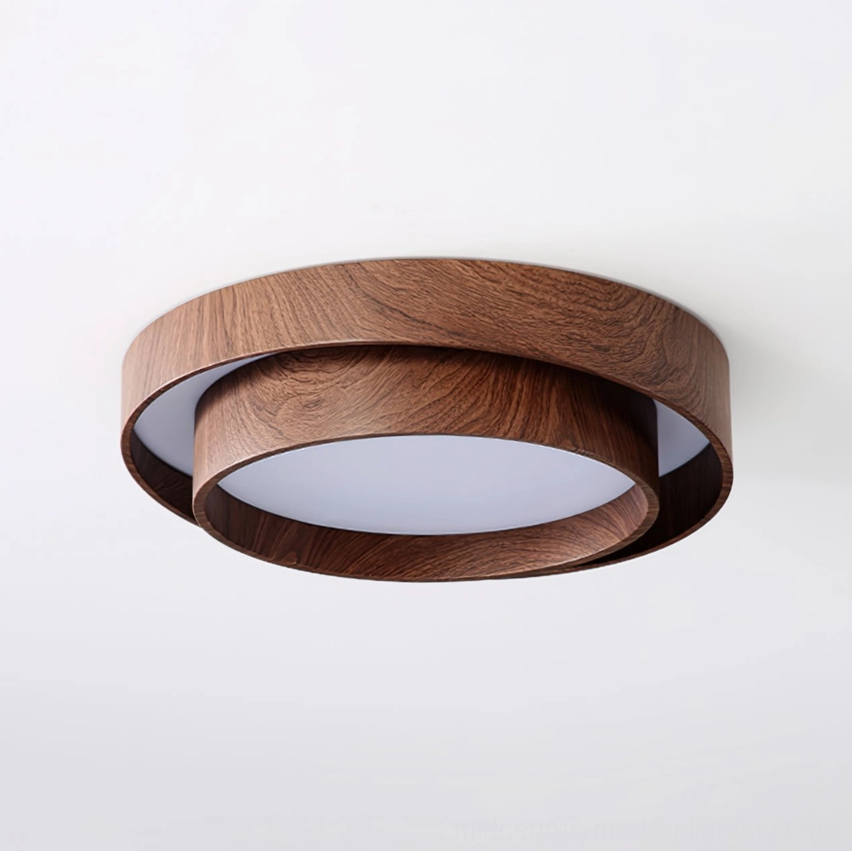 Vaako flush mount ceiling light side profile detail showing dual-layer acrylic diffuser and warm walnut finish