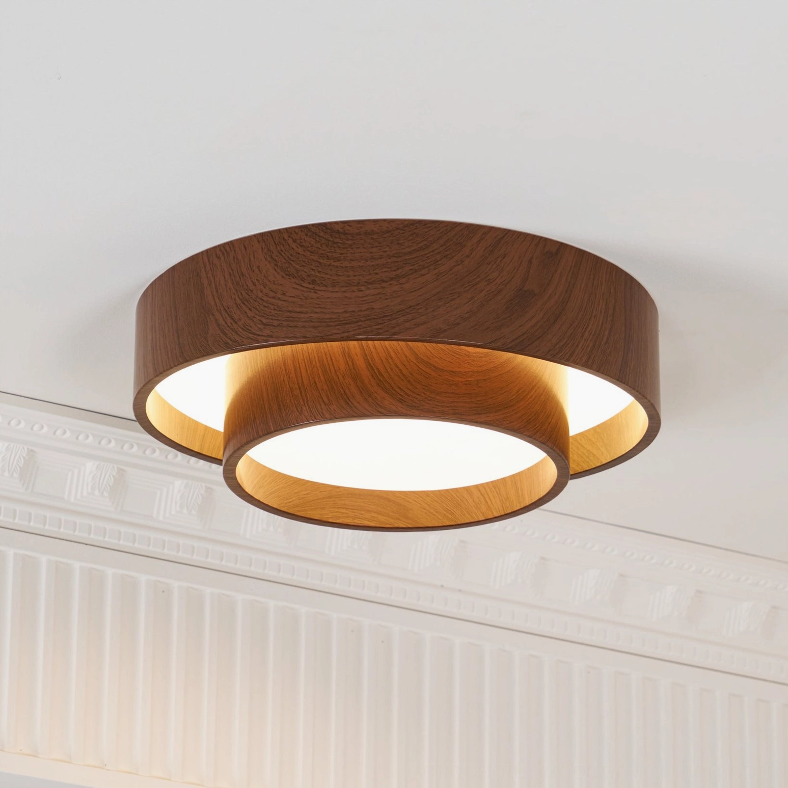 Vaako walnut finish ceiling lamp showing realistic hydro-transfer wood grain pattern and warm illumination