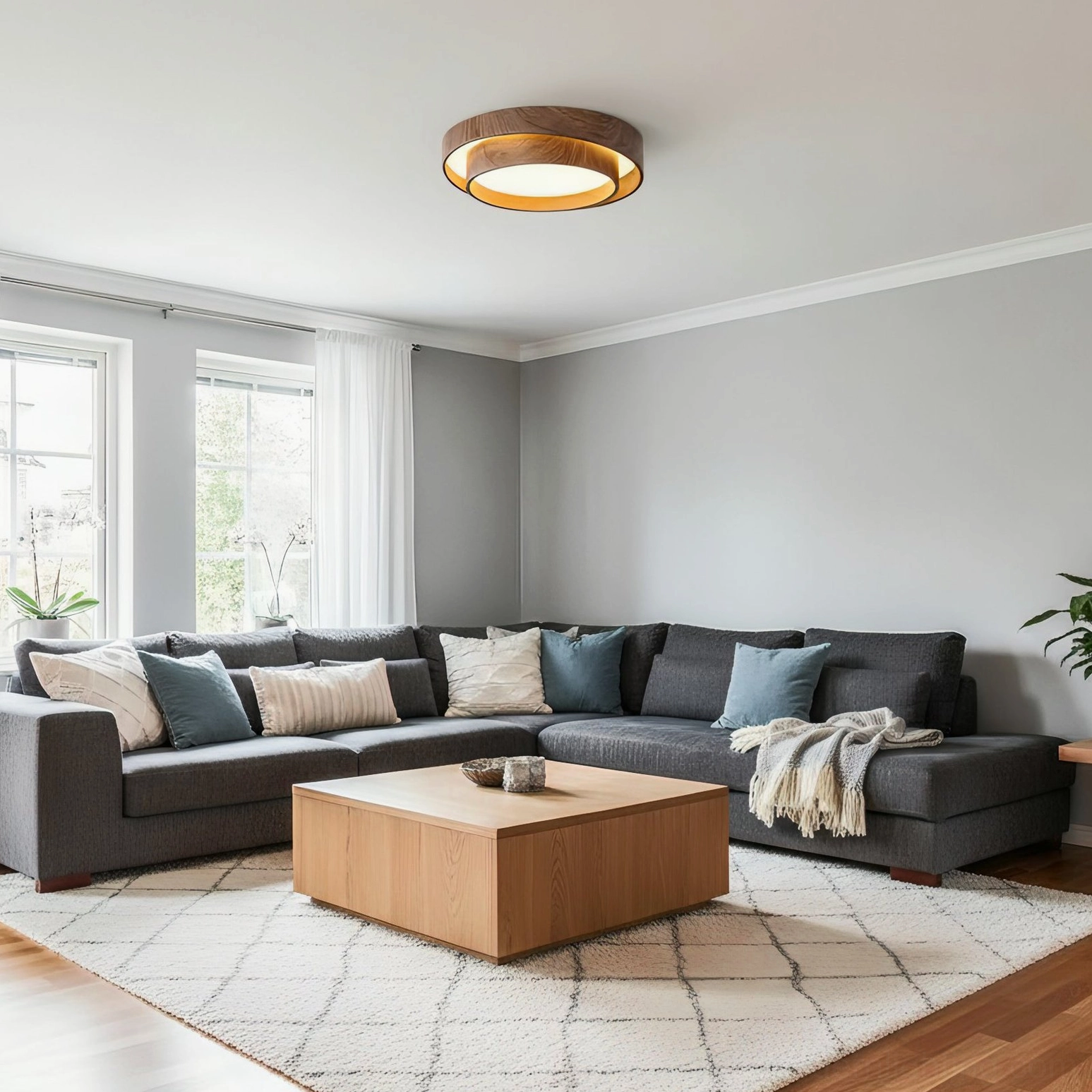 Vaako lit ceiling lamp illuminating contemporary family living room with sectional sofa and calm neutral decor