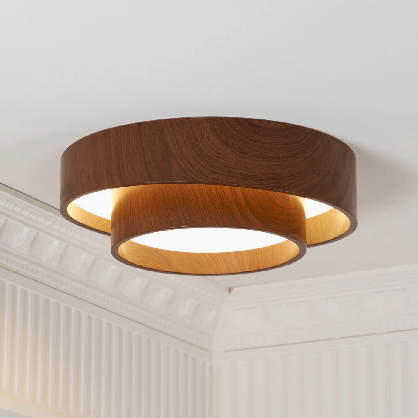 Vaako walnut ceiling lamp in industrial loft space with exposed elements and warm ambient lighting