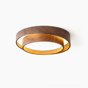 Vaako walnut ceiling lamp overhead close-up view showcasing hydro-transfer wood grain finish and integrated LED diffuser