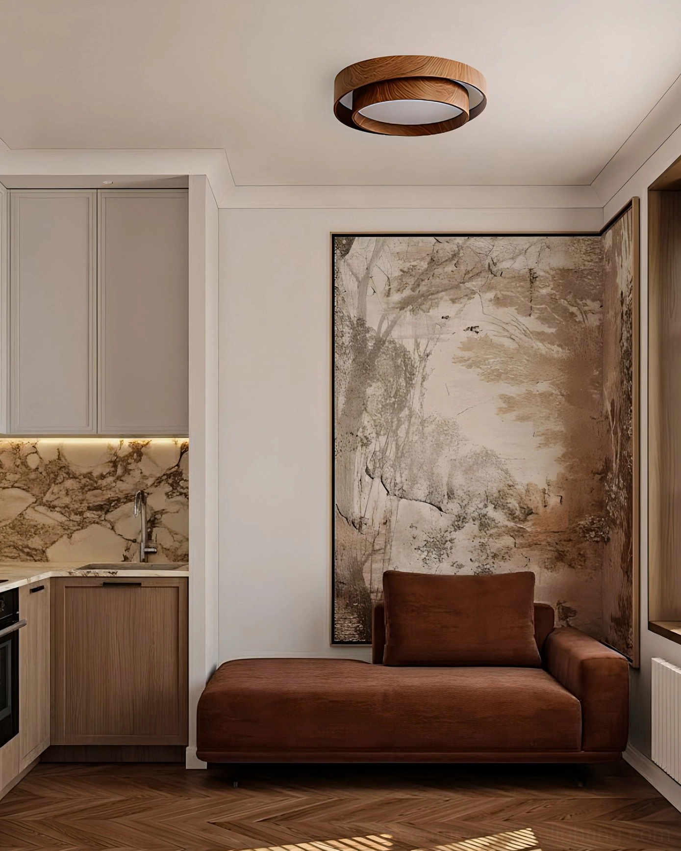 Vaako ceiling lamp installed in contemporary kitchen and lounge open concept space with mid-century modern styling