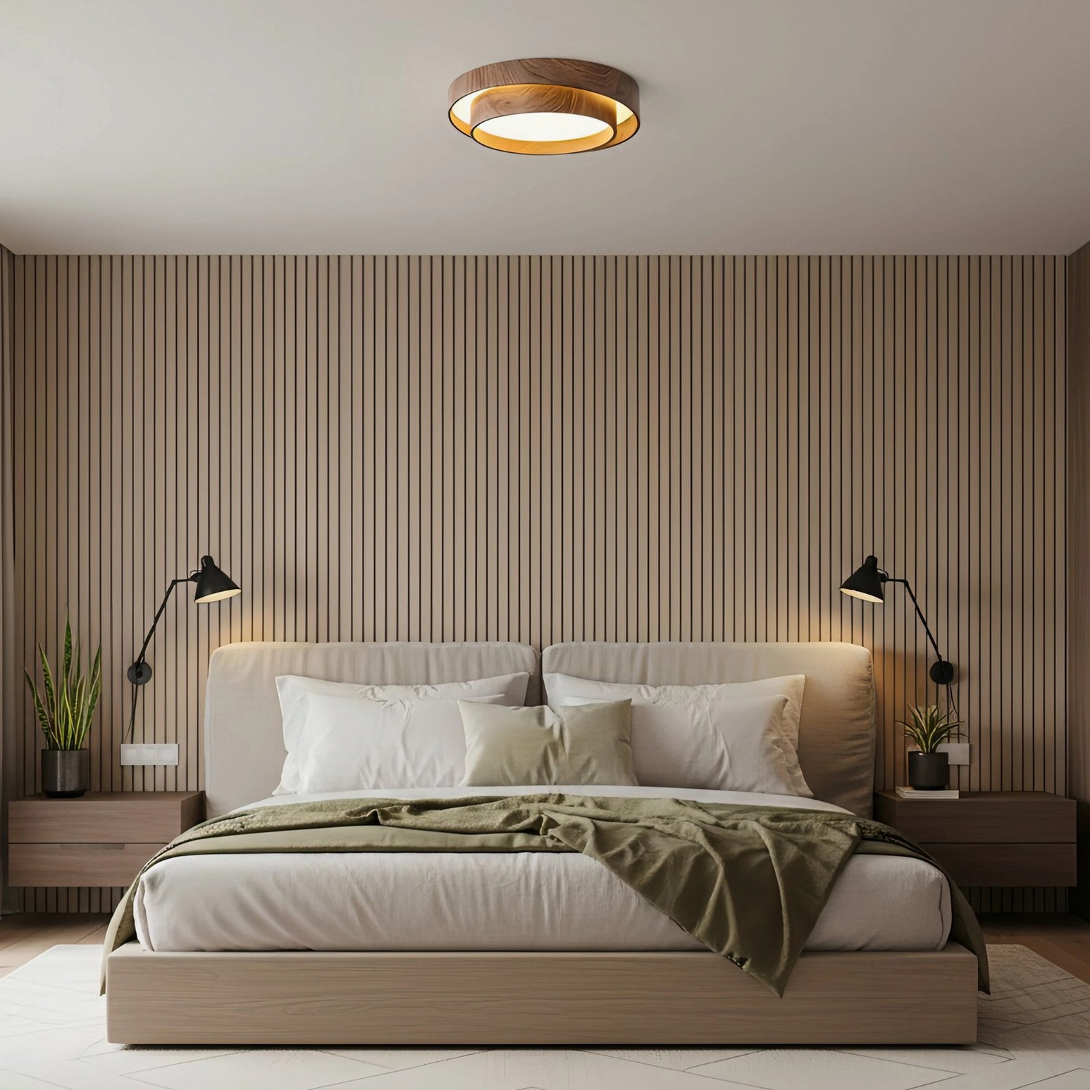 Vaako warm ceiling lamp glowing in modern bedroom with striped accent wall and neutral minimalist interior design