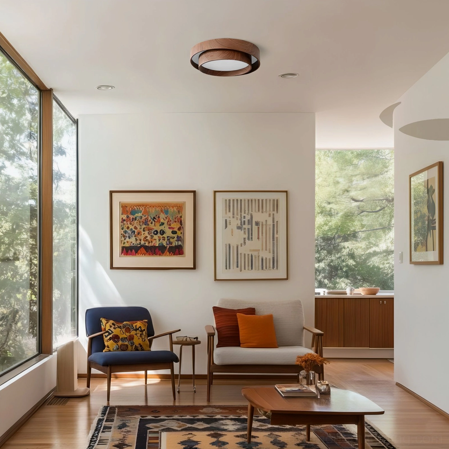 Vaako ceiling light illuminating bright minimalist living room with natural sunlight and mid-century accent furniture