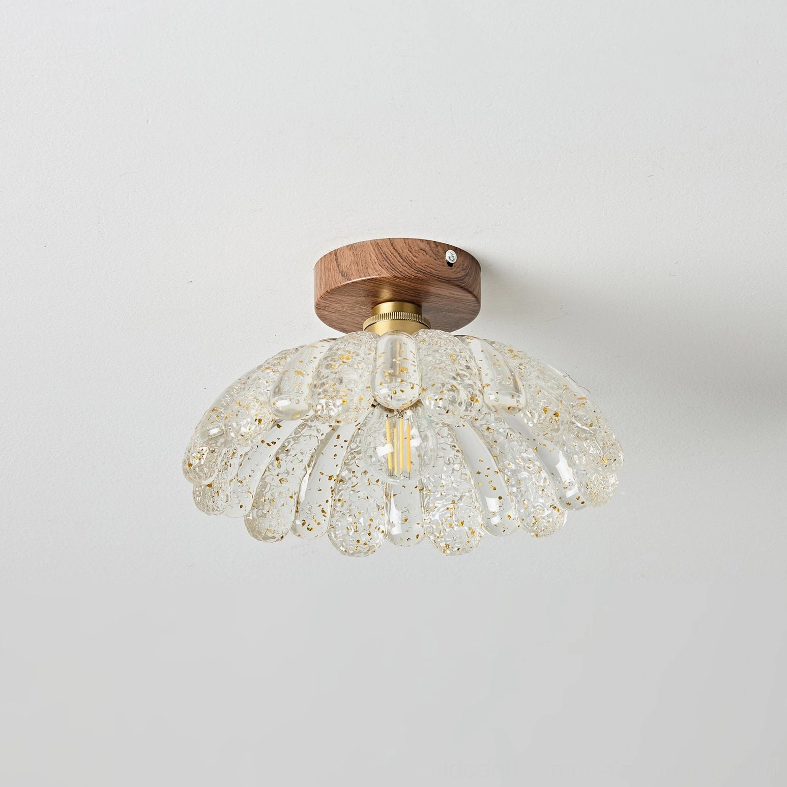 Vaczon ceiling fixture side view showing brass hardware and walnut wood mounting base