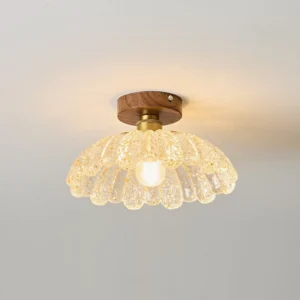 Vaczon mid-century ceiling lamp illuminated showing warm amber glow and light diffusion