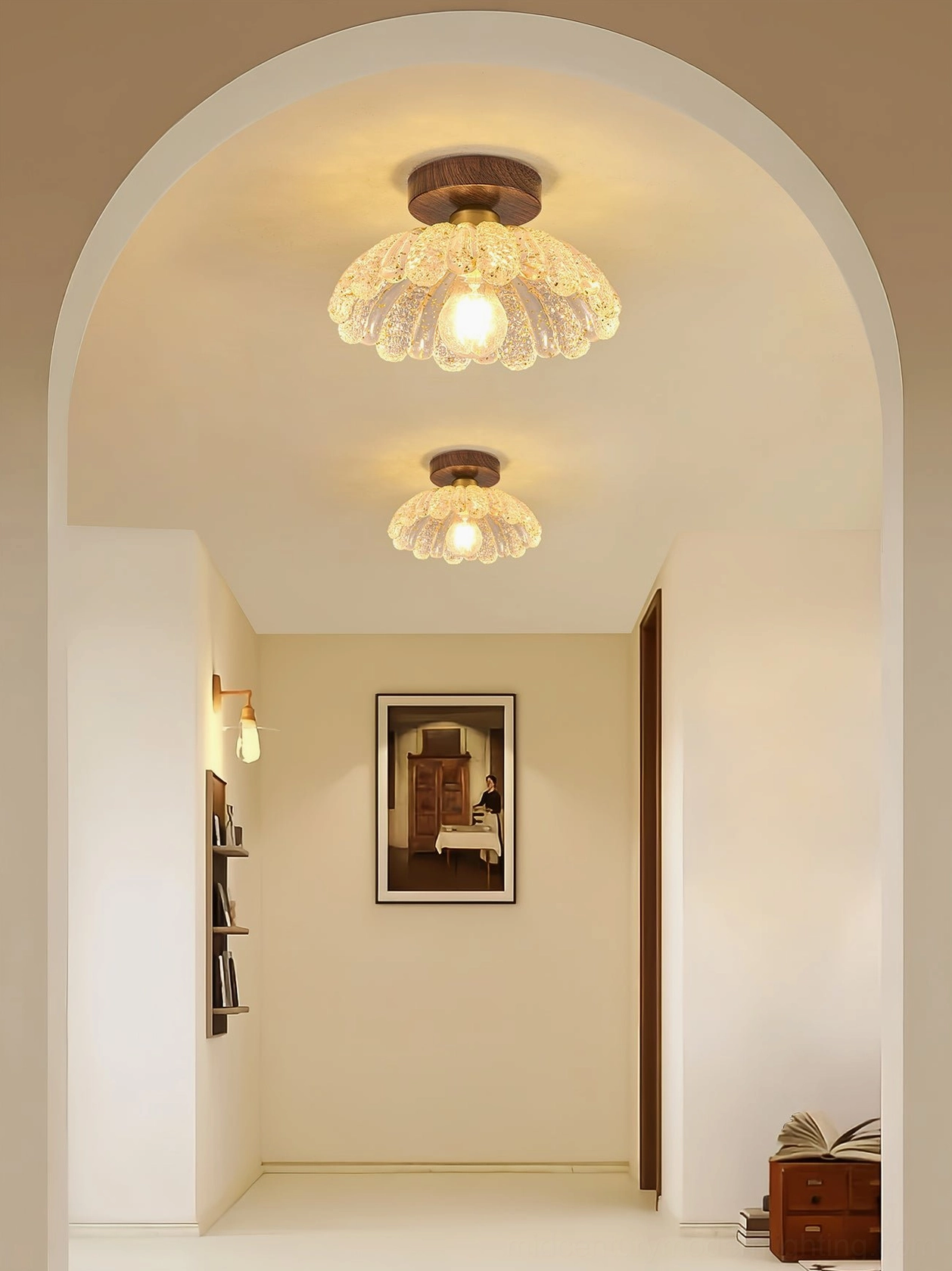 Dual Vaczon scalloped ceiling lights installed in retro hallway with arched architecture