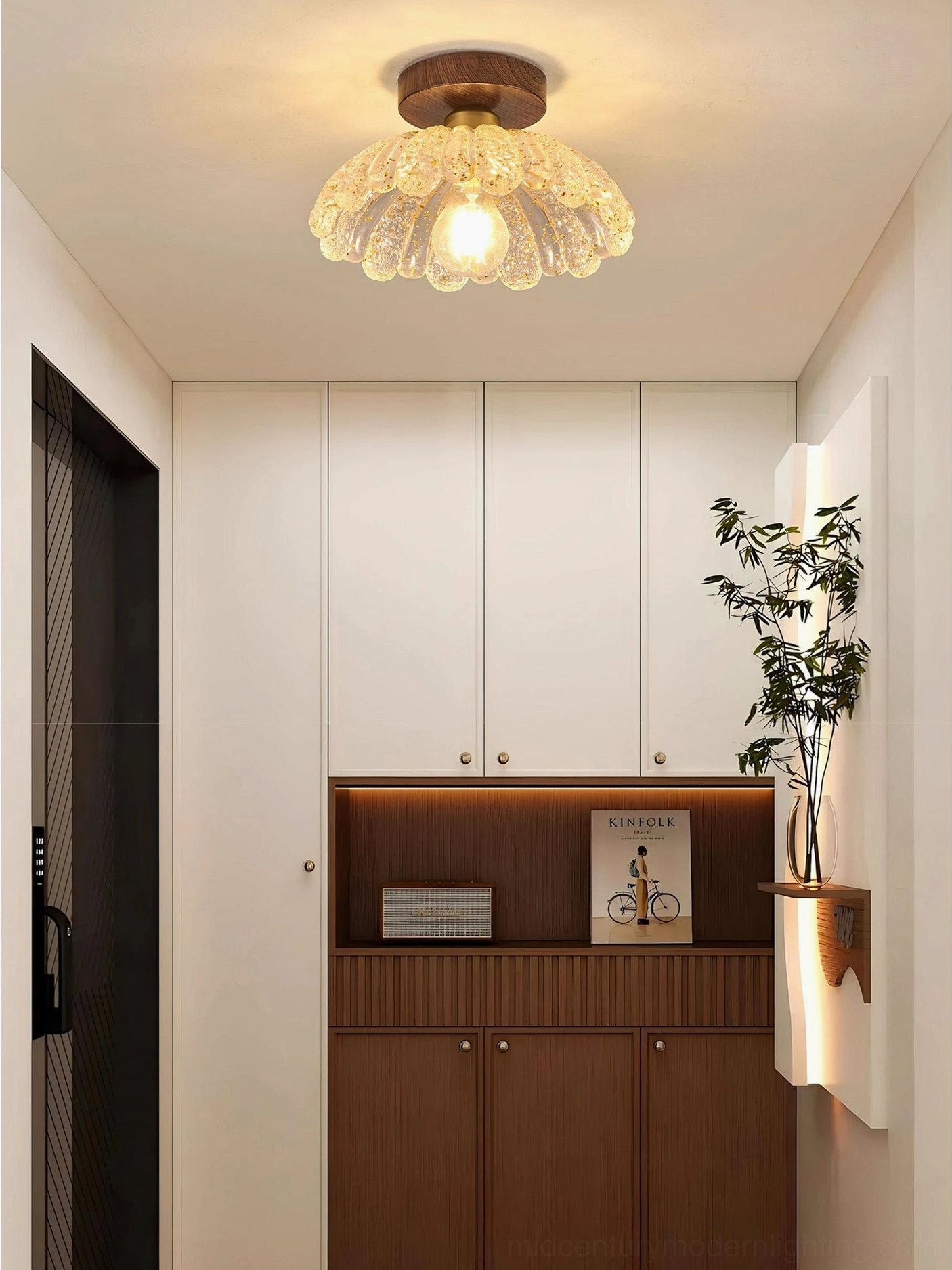 Vaczon ceiling fixture in minimalist home entryway with modern cabinetry