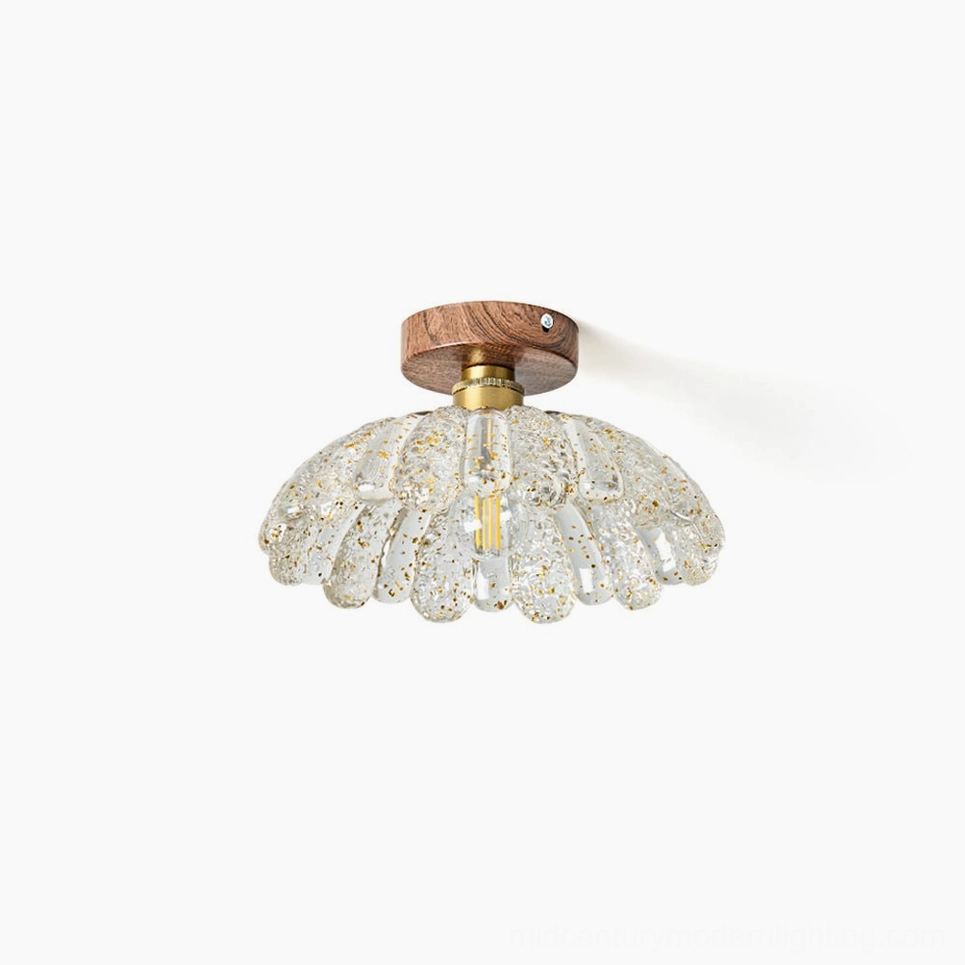 Vaczon scalloped glass flush mount ceiling light front view with walnut wood base on white background