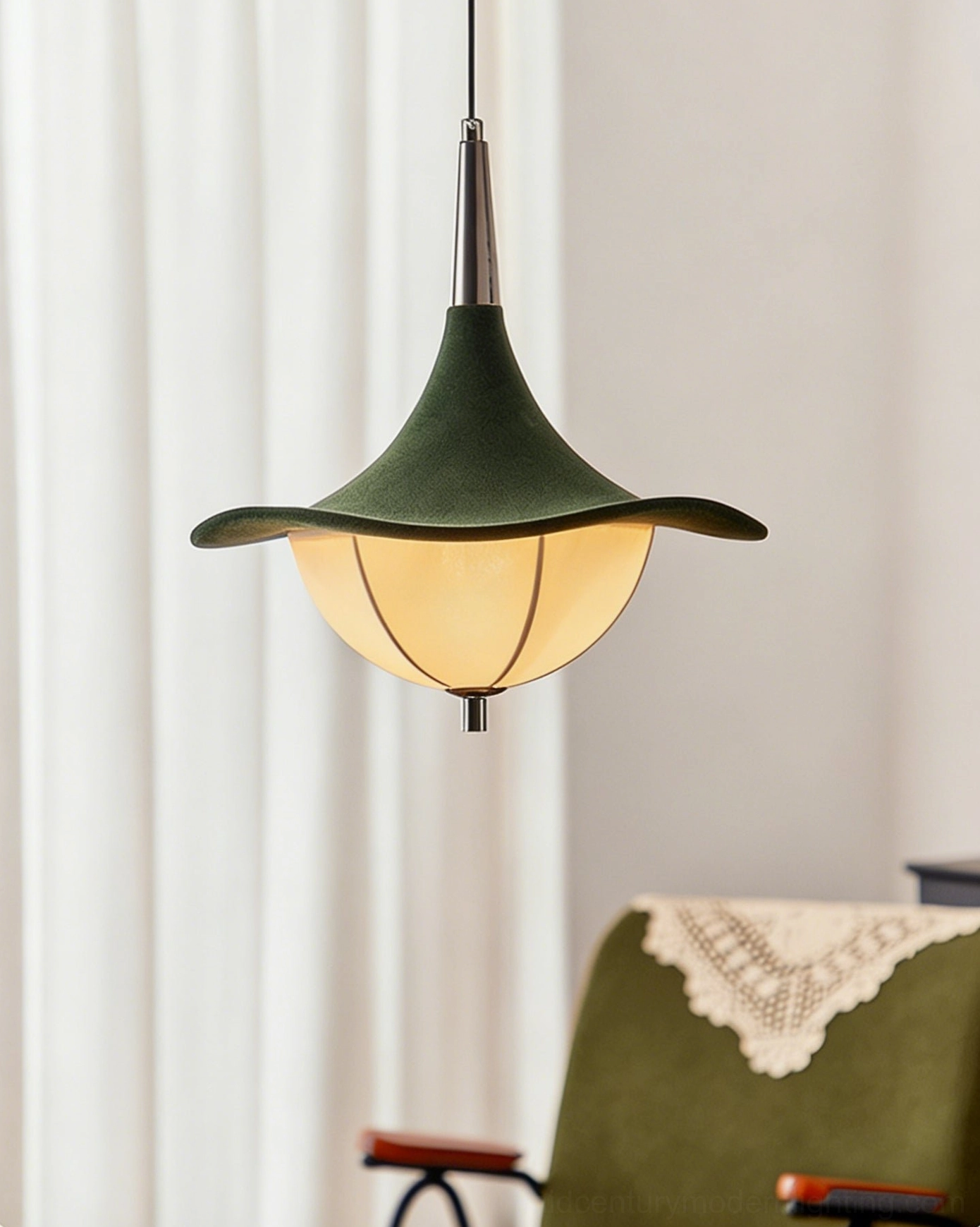 Vintage-inspired Vadar pendant lamp hanging in retro living space with sheer curtains and mid-century furniture