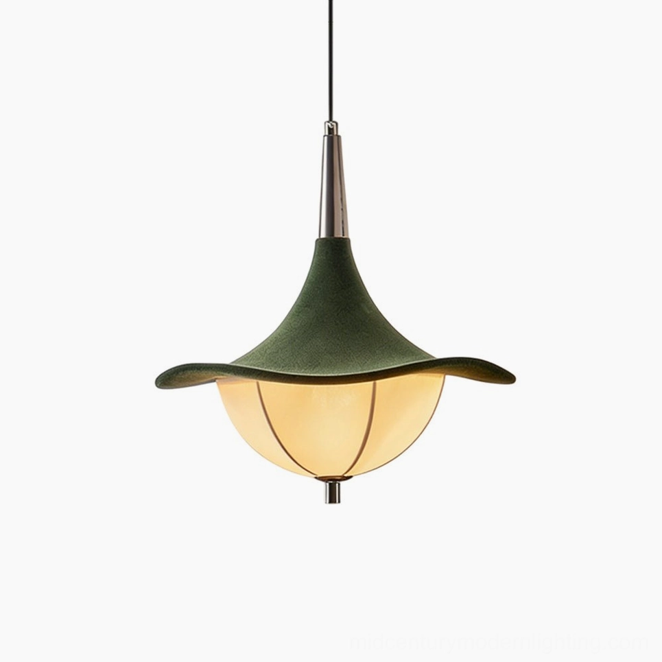 Vadar pendant light bottom view showing dark green top dome and beige segmented shade on white background
