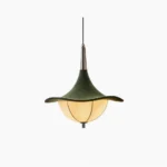 Vadar mid-century modern pendant light with dark green suede dome and beige fabric segmented shade, front studio view