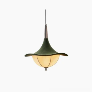 Vadar mid-century modern pendant light with dark green suede dome and beige fabric segmented shade, front studio view